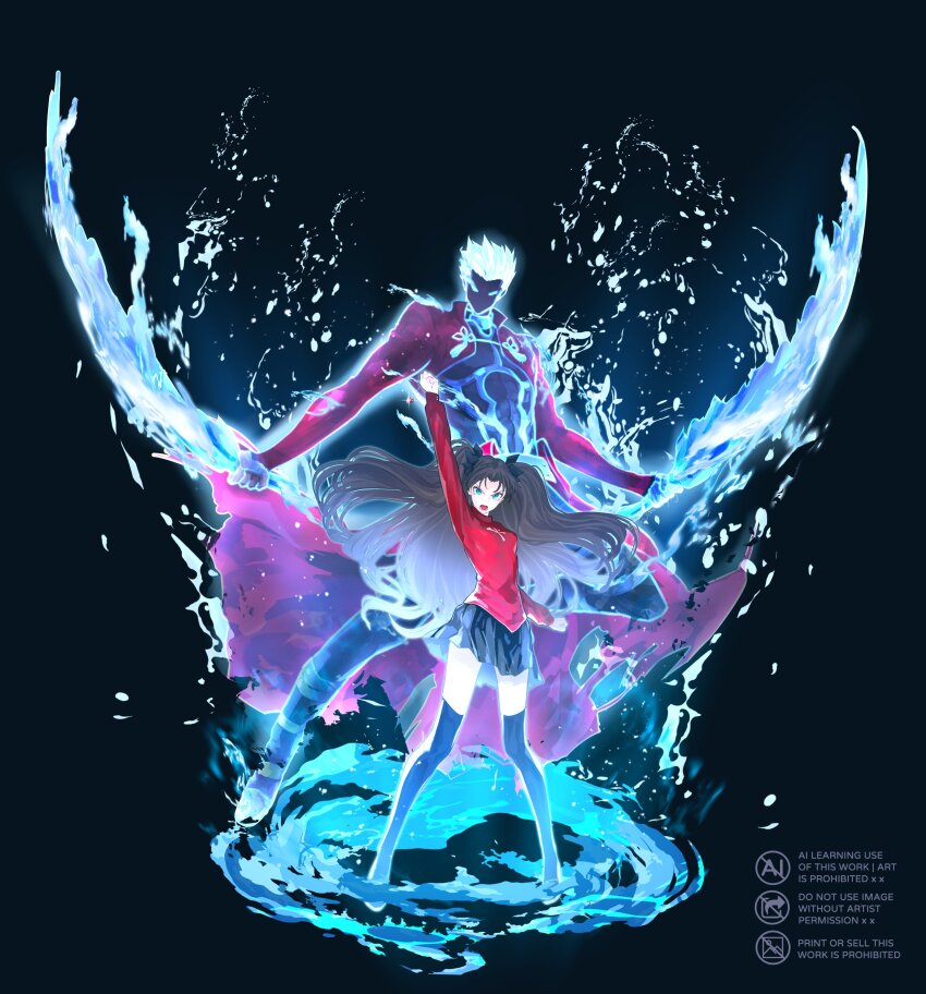 1boy, 1girl, absurdres, aqua_eyes, archer_(fate), black_hair, black_shirt, black_thighhighs