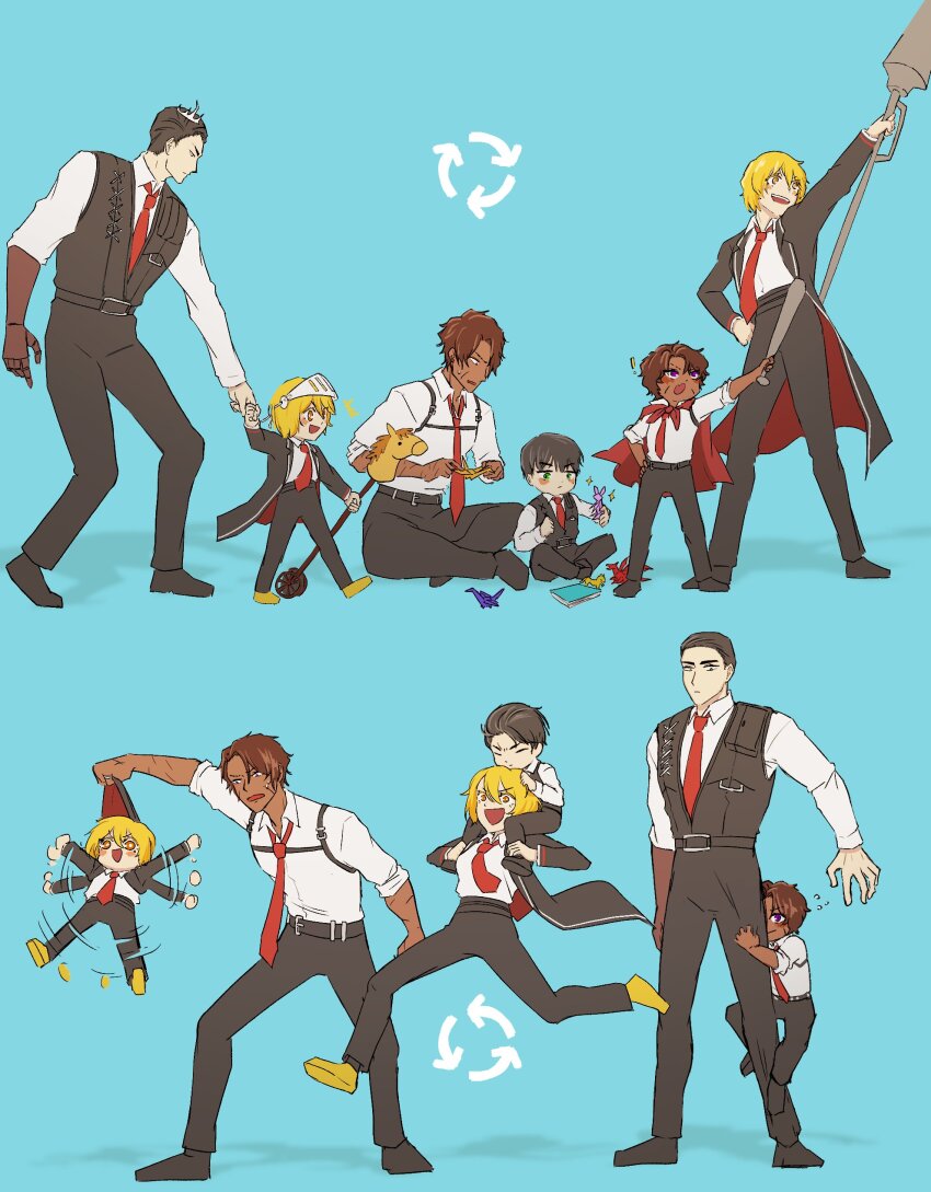 2girls, 4boys, absurdres, afterimage, aged_down, arachnidlegs, arm_up, baseball_bat, black_footwear, black_hair, black_pants, blonde_hair, brown_hair, cape, child, crown, dark-skinned_male, dark_skin, don_quixote_(project_moon), excited, flailing, green_eyes, heathcliff_(project_moon), hiding, highres, hobby_horse, holding, holding_polearm, holding_weapon, lance, limbus_company, long_sleeves, meursault_(project_moon), multiple_boys, multiple_girls, necktie, open_mouth, origami, pants, polearm, project_moon, purple_eyes, red_cape, red_necktie, shirt, shoes, sitting_on_shoulder, smile, weapon, white_shirt, yellow_eyes