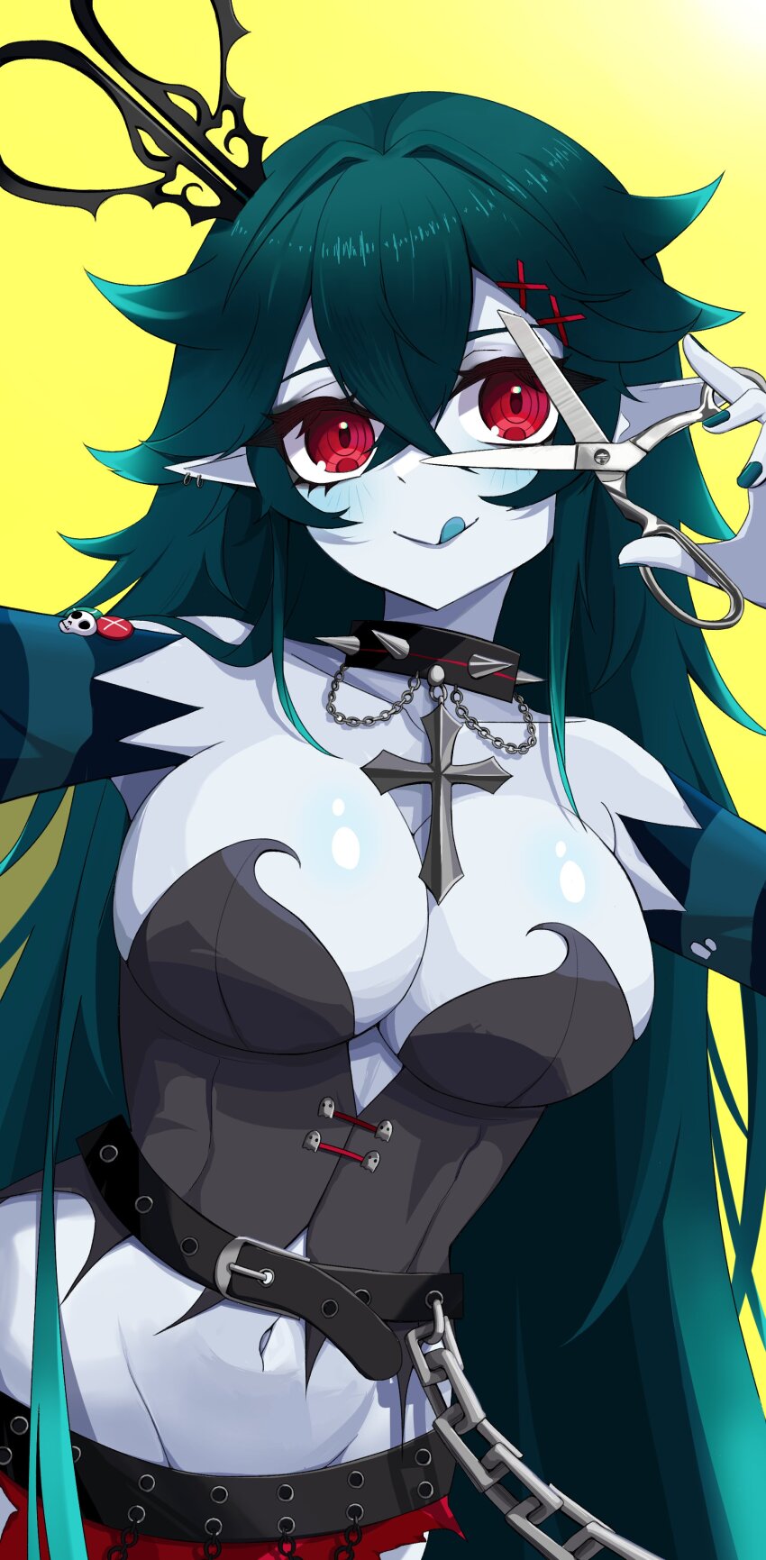 1girl, :q, absurdres, aqua_tongue, belt, black_belt, black_choker, bodice