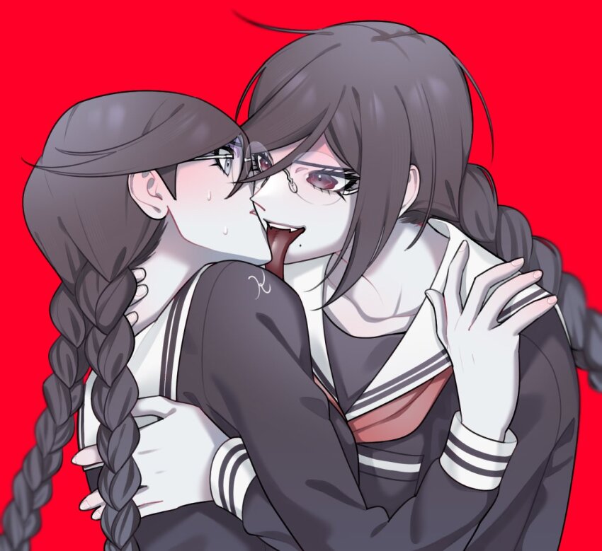 1girl, braid, collarbone, danganronpa:_trigger_happy_havoc, danganronpa_(series), dual_persona, fangs, fukawa_toko