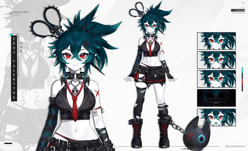 1girl, :t, asymmetrical_legwear, belt, black_belt, black_footwear, black_gloves, black_nails