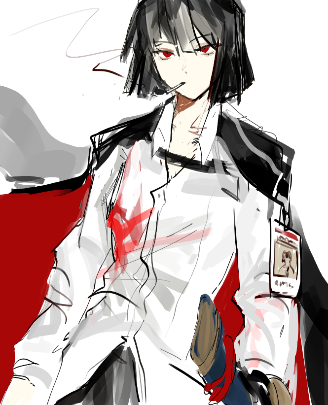 1girl, black_coat, black_hair, bob_cut, cigarette, closed_mouth, coat, collared_shirt