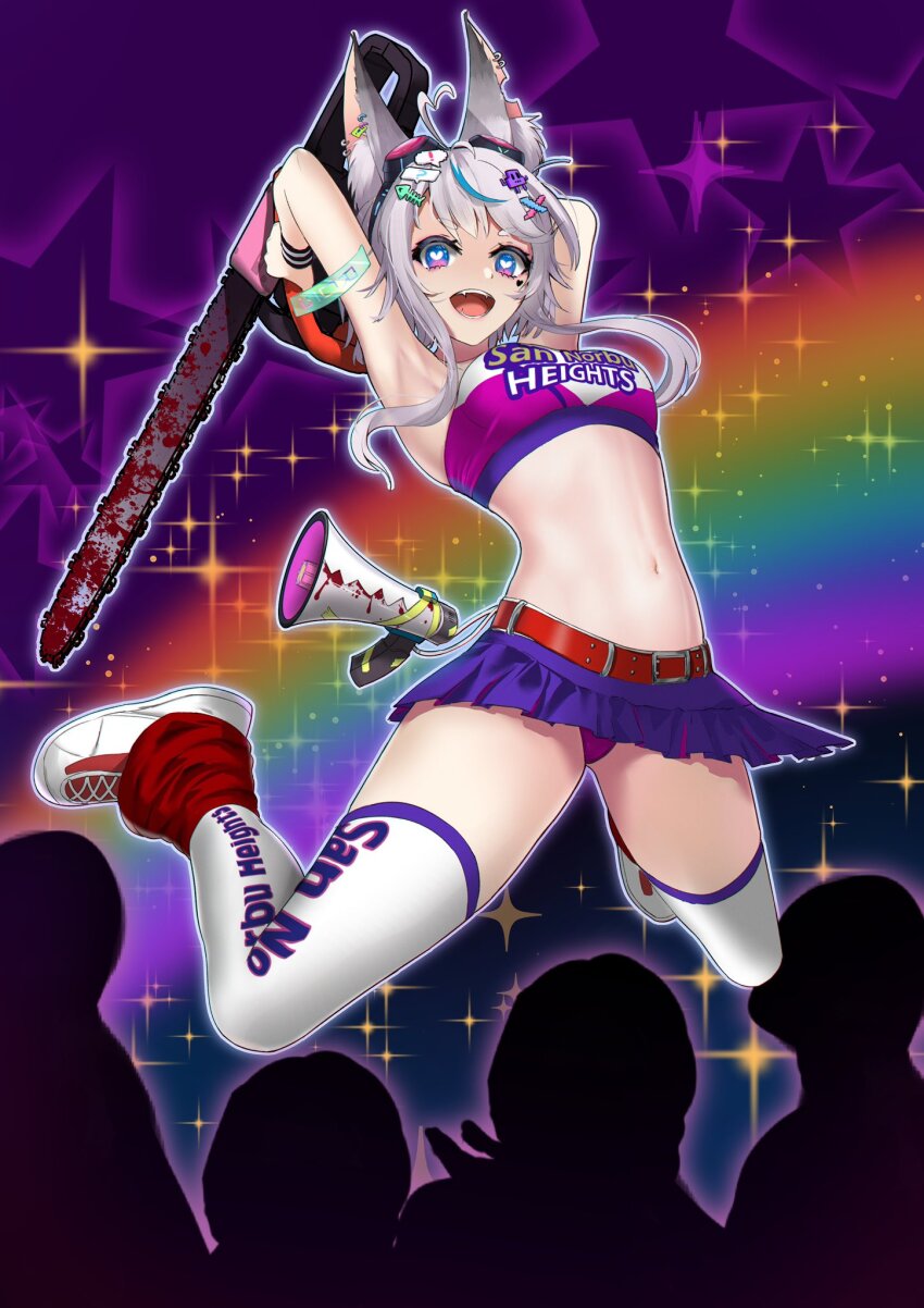 1girl, ahoge, animal_ear_fluff, animal_ears, armpits, belt, blood, bloody_weapon, blue_eyes, breasts, chainsaw, cheerleader, clothes_writing, commission, cosplay, crop_top, crowd, earrings, eros_valentyne, facial_mark, fangs, fish_skeleton_hair_ornament, fox_ears, fox_girl, goggles, goggles_on_head, hair_ornament, heart, heart-shaped_pupils, heart_ahoge, heart_facial_mark, highres, holding, holding_chainsaw, indie_virtual_youtuber, jewelry, juliet_starling, juliet_starling_(cosplay), linzere, lollipop_chainsaw, loose_socks, megaphone, midriff, miniskirt, navel, open_mouth, panties, purple_panties, purple_skirt, rainbow, red_belt, red_socks, second-party_source, shoes, short_hair_with_long_locks, skirt, sneakers, socks, speech_bubble_hair_ornament, star_(symbol), symbol-shaped_pupils, thighhighs, two-tone_footwear, underwear, virtual_youtuber, weapon, white_thighhighs, x_hair_ornament