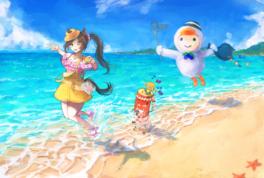 1girl, ;d, animal_ears, beach, bead_necklace, beads, bikini_top_on_head, boater_hat