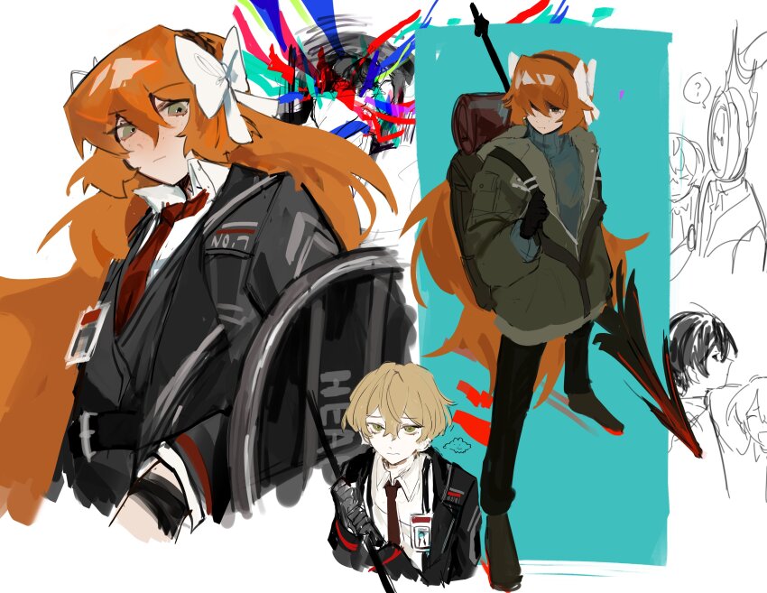 1girl, 2boys, absurdres, black_gloves, black_jacket, black_pants, black_vest, blonde_hair