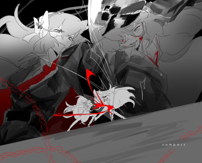 2girls, belt, blood, blood_on_clothes, blood_on_face, bow, clenched_teeth, coat