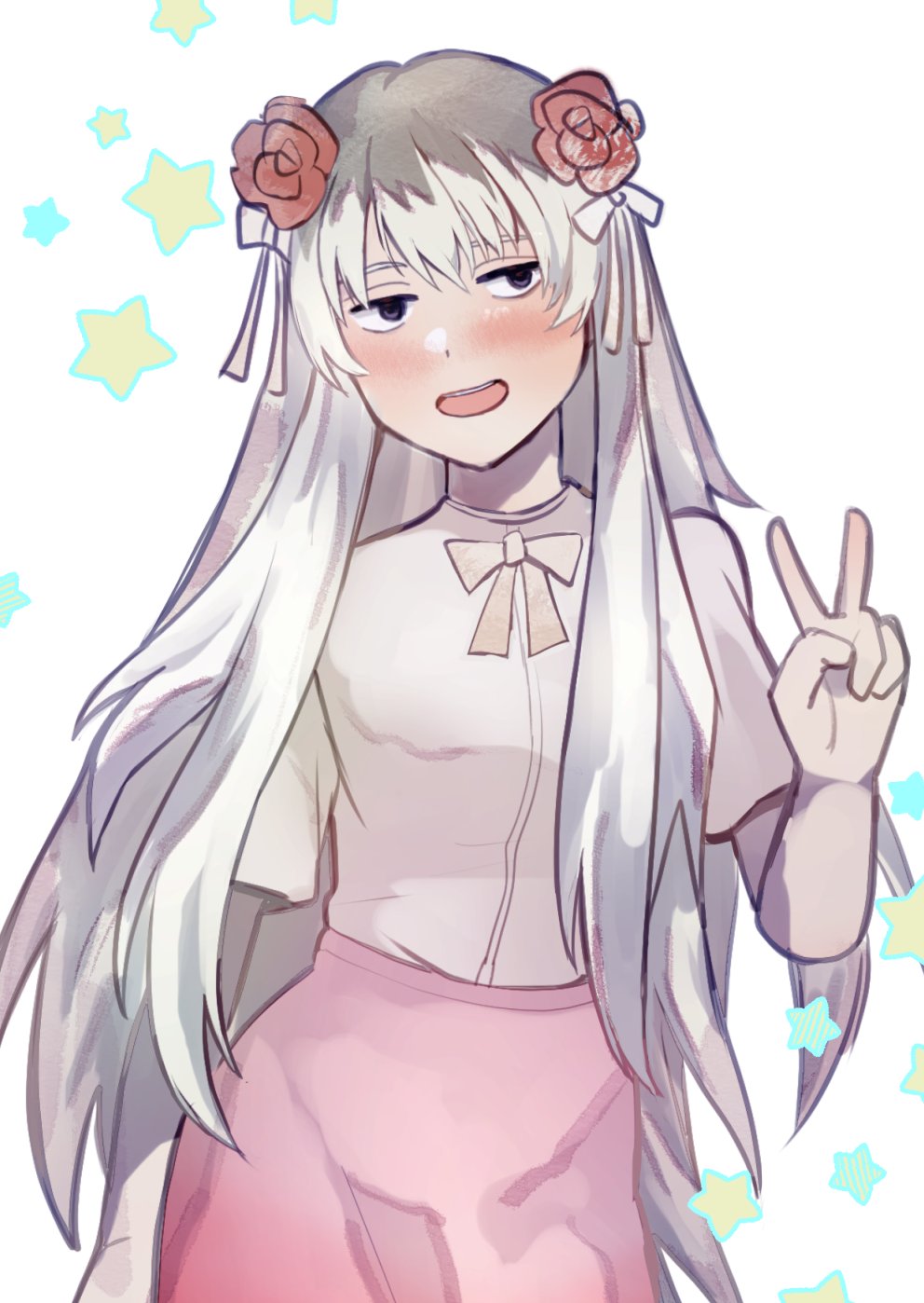 1boy, black_hair, bow, bowtie, e.g.o_(project_moon), faded_memories_(e.g.o), flower, hair_flower, hair_ornament, hair_ribbon, hand_up, highres, library_of_ruina, long_hair, multicolored_hair, ochao_(icetealive), open_mouth, pink_skirt, project_moon, red_flower, red_rose, ribbon, roland_(project_moon), roots_(hair), rose, shirt, short_sleeves, simple_background, skirt, smile, solo, star_(symbol), streaked_hair, trap, very_long_hair, white_background, white_hair, white_ribbon, white_shirt, yellow_bow, yellow_bowtie