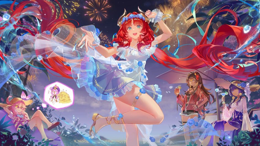 absurdres, aqua_eyes, blonde_hair, blue_dress, blue_eyes, blue_hair, brown_hair, candace_(genshin_impact)