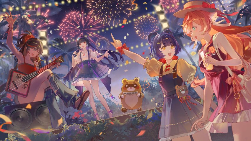 1other, 4girls, absurdres, aqua_eyes, bass_guitar, black_hair, black_overalls, black_shorts