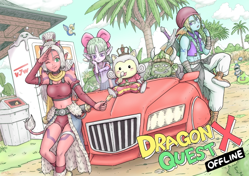 2girls, 3boys, 3others, absurdres, aqua_skin, arm_tattoo, bandana, blonde_hair