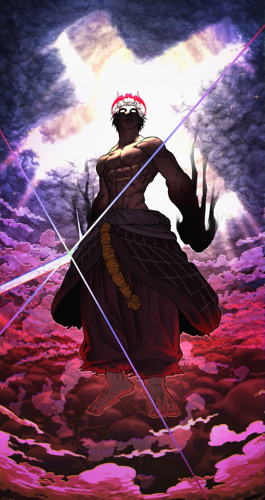 1boy, above_clouds, abs, absurdres, barefoot, cloud, commentary, cross, english_commentary, halo, highres, holding, holding_sword, holding_weapon, kyo_yukanna, male_focus, park_mujin, red_halo, solo, sword, the_god_of_high_school, topless_male, weapon, white_eyes