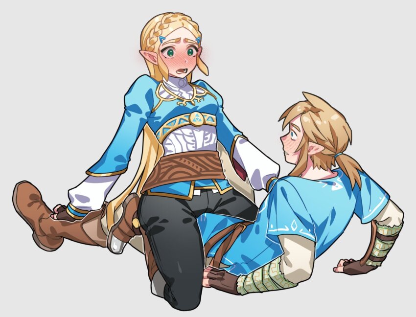 1boy, 1girl, arm_support, belt, black_pants, blonde_hair, blue_eyes, blue_tunic, blush, boots, braid, breasts, brown_belt, brown_footwear, brown_gloves, brown_pants, champion's_tunic_(zelda), commentary_request, crown_braid, fingerless_gloves, full_body, girl_on_top, gloves, green_eyes, grey_background, hair_ornament, highres, layered_sleeves, link, long_hair, long_sleeves, lower_teeth_only, lying, nintendo, on_back, open_mouth, oshinomiya, pants, pointy_ears, ponytail, princess_zelda, short_hair, short_over_long_sleeves, short_ponytail, short_sleeves, sidelocks, simple_background, small_breasts, straddling, teeth, the_legend_of_zelda, the_legend_of_zelda:_breath_of_the_wild, tunic