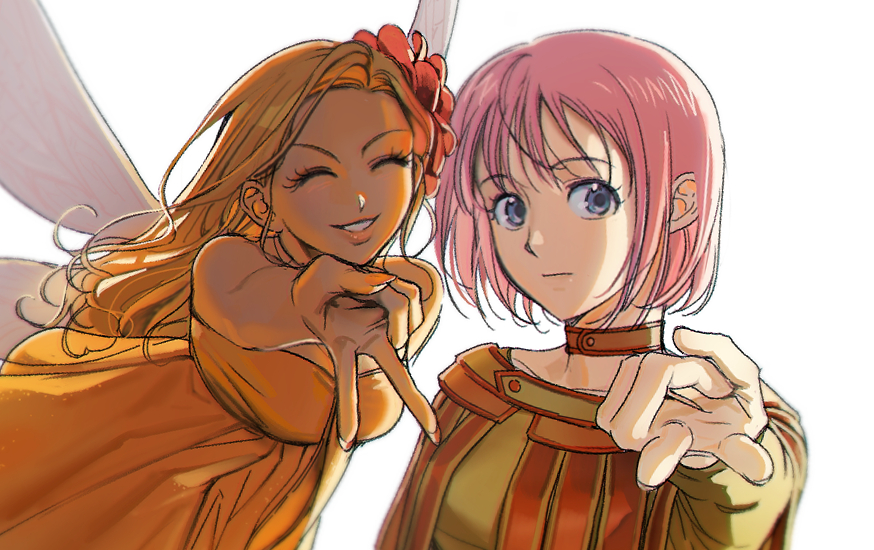 2girls, blonde_hair, blue_eyes, bob_cut, choker, closed_eyes, closed_mouth, commentary_request