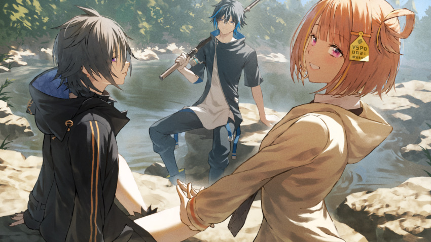 1girl, 2boys, animal_hood, arm_support, black_hair, black_jacket, black_necktie, blue_eyes, blue_hair, cat_hood, commentary, day1_(vtuber), fagi_(kakikaki), fishing_rod, grin, hair_rings, holding, holding_fishing_rod, holostars, hood, hooded_jacket, indie_virtual_youtuber, interlocked_fingers, jacket, kanade_izuru, leg_up, looking_at_viewer, looking_to_the_side, making-of_available, multicolored_hair, multiple_boys, necktie, orange_hair, outdoors, pink_eyes, purple_eyes, rock, sendo_yuuhi, sendo_yuuhi_(1st_costume), shirt, single_hair_ring, sitting, smile, streaked_hair, stretching, tag, tree, two-sided_fabric, two-sided_jacket, virtual_youtuber, vspo!, water, white_shirt, yellow_jacket
