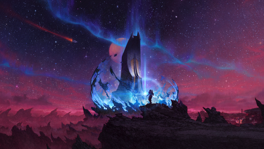 1boy, absurdres, aurora, full_moon, highres, moon, official_art, red_sky