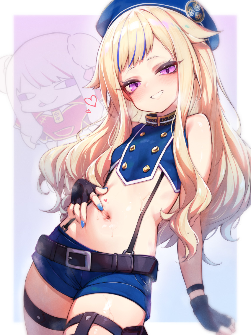 2girls, absurdres, belt, beret, black_belt, black_gloves, blonde_hair, blue_hair