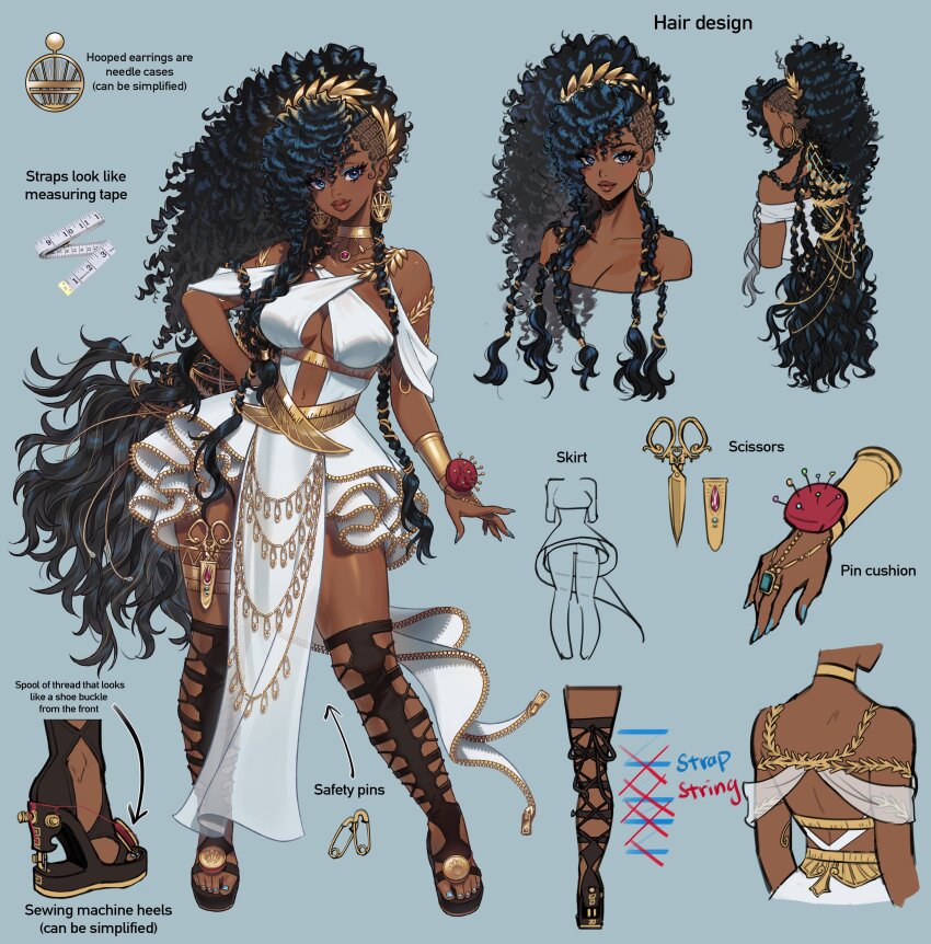 1girl, absurdres, anarkee_(vtuber), asymmetrical_hair, black_hair, blue_background, blue_eyes, blue_eyeshadow, blue_nails, breasts, brown_footwear, brown_lips, center_opening, collarbone, commentary, dark-skinned_female, dark_skin, dizim, dress, earrings, english_commentary, english_text, eyeshadow, gold_choker, highres, hoop_earrings, indie_virtual_youtuber, jewelry, long_hair, looking_at_viewer, makeup, medium_breasts, midriff, multiple_views, nail_polish, official_art, reference_sheet, safety_pin, scissors, sidecut, sidelocks, simple_background, smile, tape_measure, thick_lips, toenail_polish, toenails, undercut, very_long_hair, virtual_youtuber, white_dress