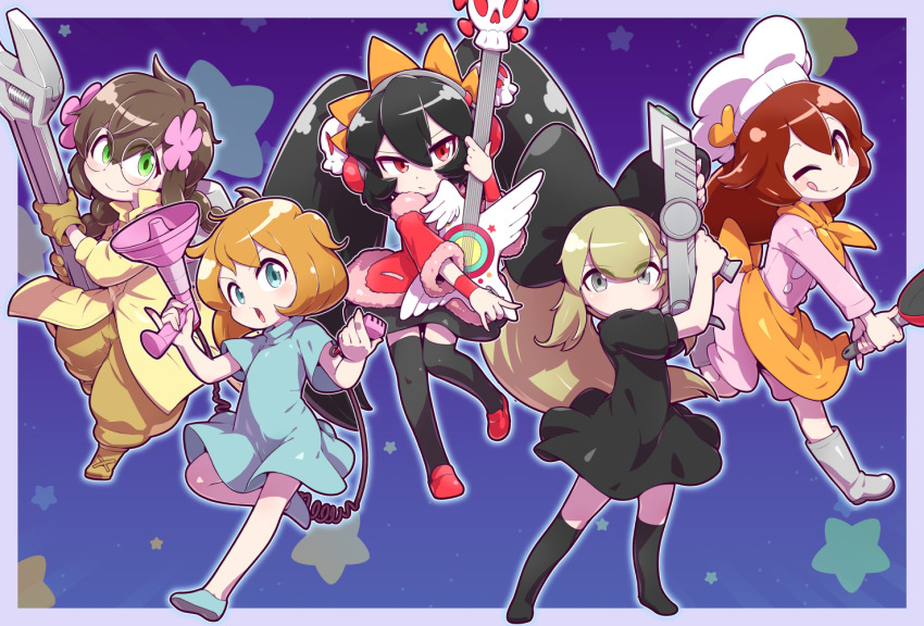 5girls, anna_(crazy_galaxy), ashley_(warioware), black_bow, bow, chef_hat, claudia_(crazy_galaxy), cocomin_(crazy_galaxy)