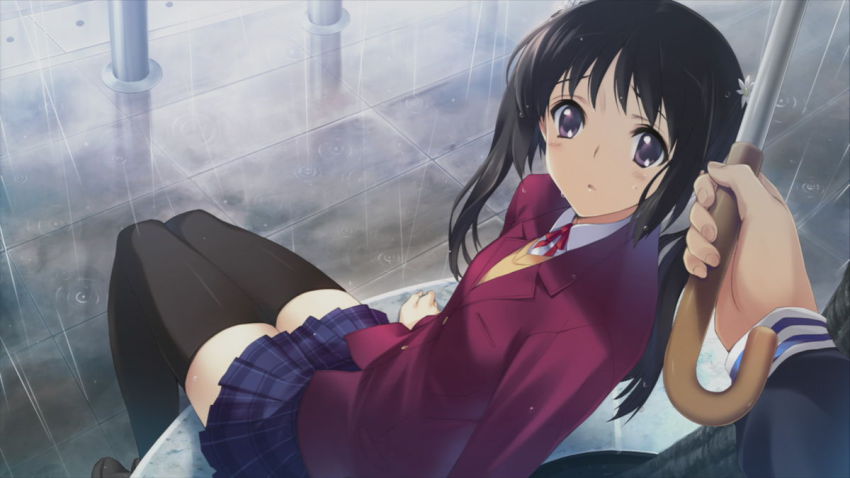 kawata_hisashi, leaf_(company), mizuki_mana, rain, school_uniform, skirt, tagme, thighhighs, umbrella, white_album, white_album_(series), zettai_ryouiki