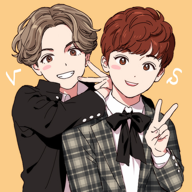 2boys, black_ribbon, blush, brown_eyes, brown_hair, commentary, eno_bw, gakuran, jacket, k-pop, looking_at_viewer, male_focus, multiple_boys, neck_ribbon, orange_background, real_life, ribbon, school_uniform, seungkwan, seventeen_(group), simple_background, smile, upper_body, v, vernon_(seventeen)