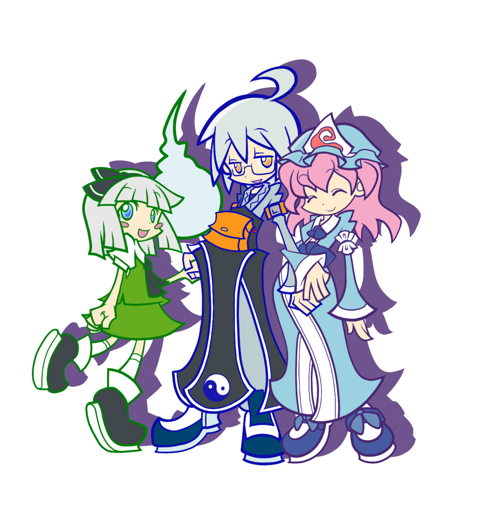 2girls, adenine_(artist), ahoge, aqua_eyes, arm_hug, ascot, bag, blush