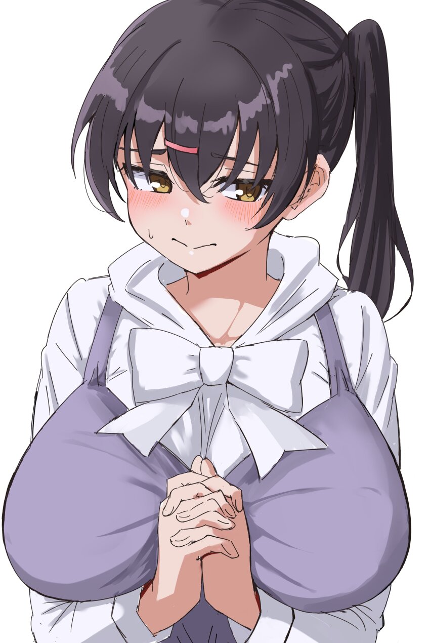 1girl, 3:, absurdres, akamine_ten, arm_between_breasts, averting_eyes, between_breasts, black_hair