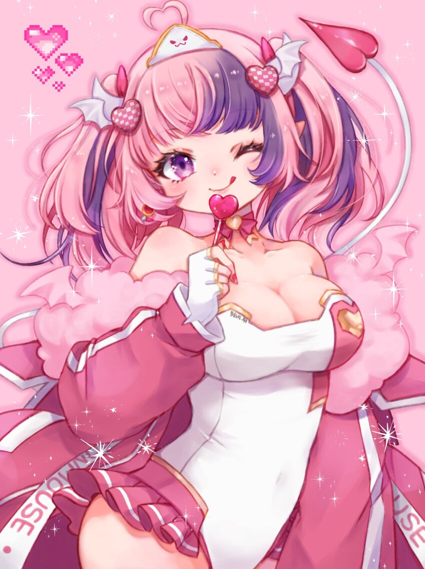 1girl, ahoge, bare_shoulders, bow, bow_choker, breasts, candy, choker