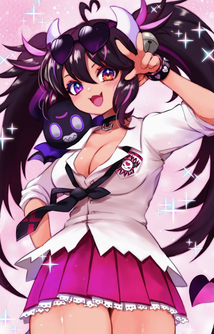 1girl, :3, ahoge, bell, black_choker, black_hair, black_necktie, bracelet