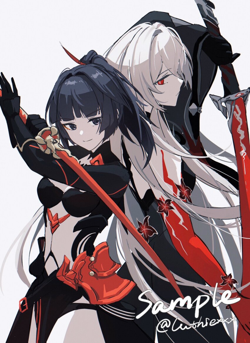 2girls, acheron_(honkai:_star_rail), black_hair, blue_eyes, breasts, commentary, cowboy_shot, expressionless