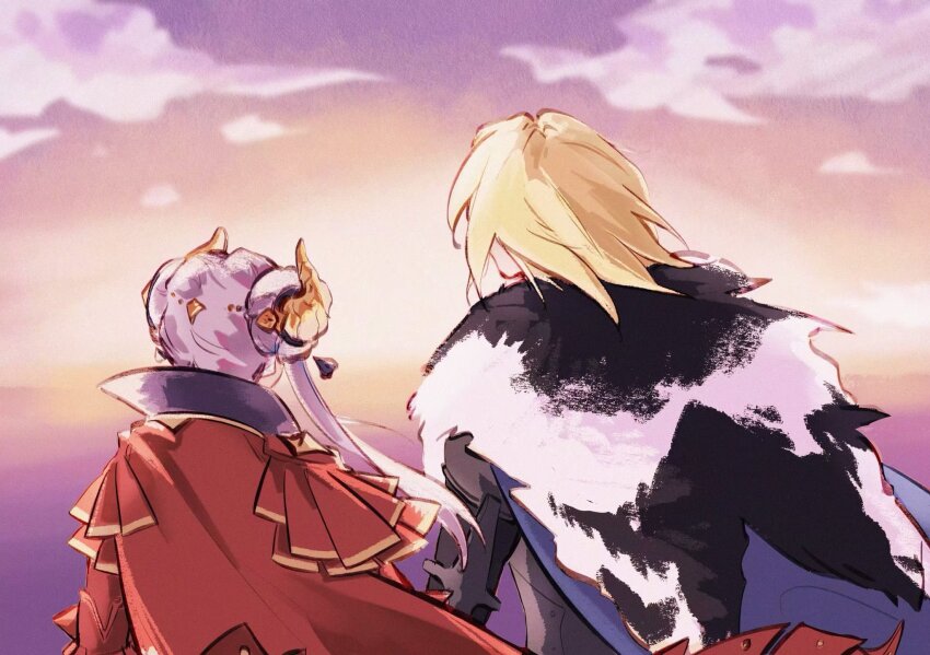 1boy, 1girl, back, blonde_hair, blue_cape, cape, cloud, cloudy_sky