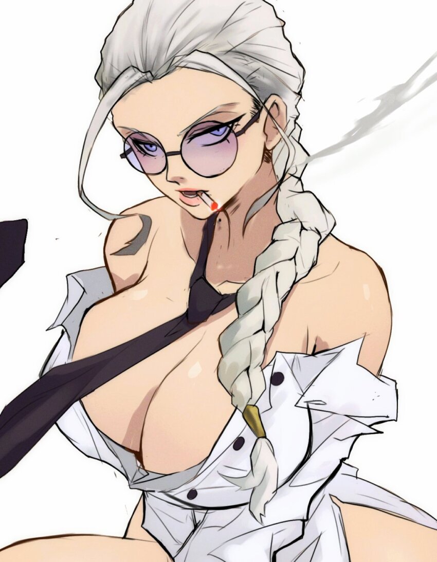 1girl, bare_shoulders, black_necktie, blue_eyes, braid, braided_ponytail, breasts, cigarette