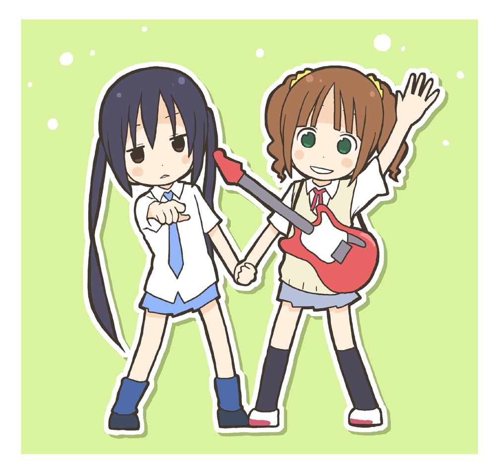 black_hair, brown_eyes, cosplay, costume_switch, crossover, green_eyes, grin, guitar, holding_hands, ichigo_mashimaro, idolmaster, idolmaster_(classic), instrument, itesu, k-on!, long_hair, nakano_azusa, necktie, parody, smile, style_parody, takatsuki_yayoi, twintails