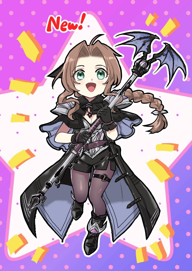 1girl, :d, aerith_gainsborough, aerith_gainsborough_(bahamut_robe), aozora_airu, black_capelet, black_footwear, black_gloves