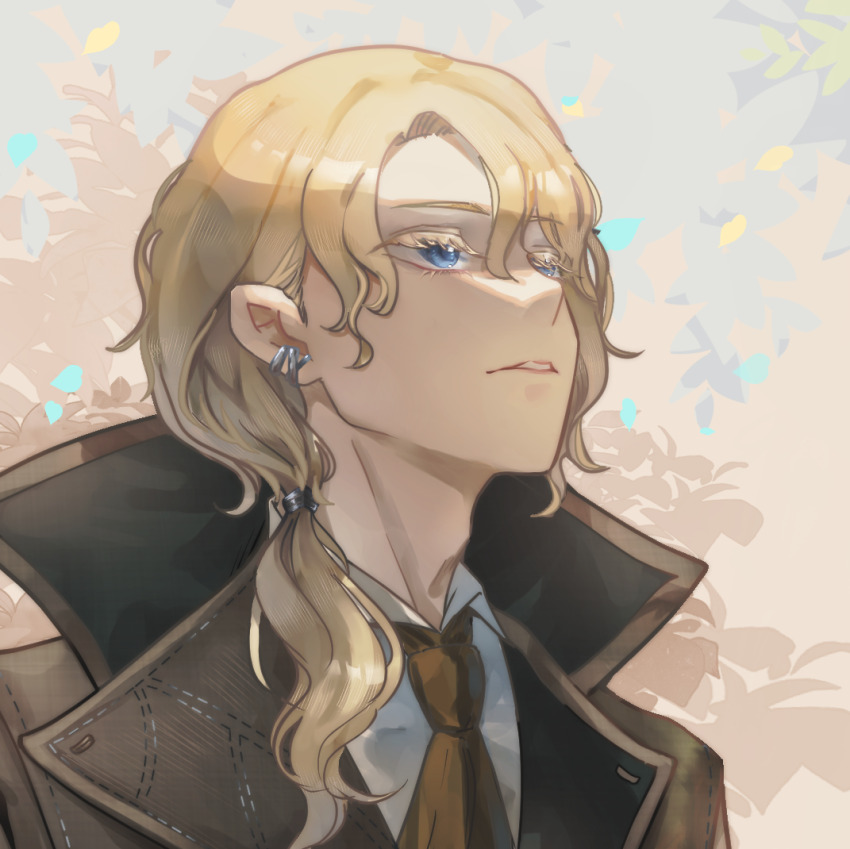 1boy, 6_(reverse:1999), 6_(time_and_location)_(reverse:1999), blonde_hair, blue_eyes, brown_coat, brown_necktie, coat