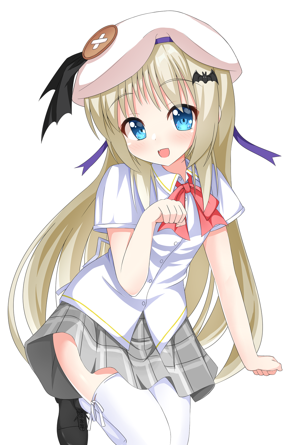 1girl, :d, bat_hair_ornament, beret, blue_eyes, blush, collared_shirt, commentary