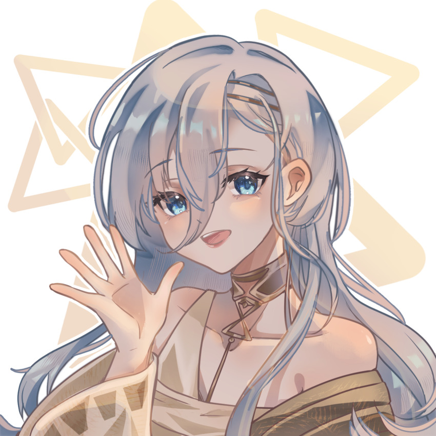 1girl, 37_(reverse:1999), :d, ancient_greek_clothes, bare_shoulders, blue_eyes, blue_hair, gold_choker