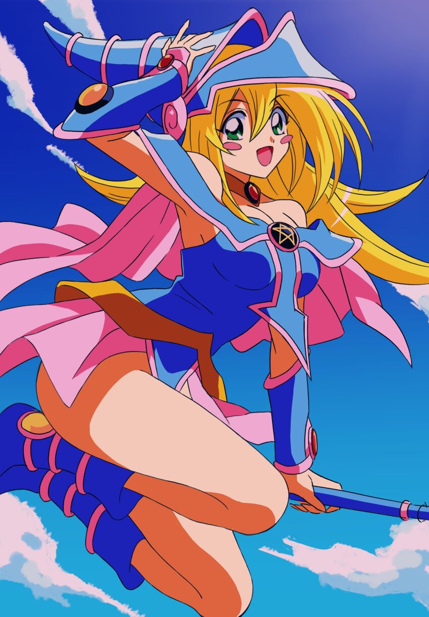 1girl, bare_arms, blonde_hair, blue_dress, blush, blush_stickers, breasts, dark_magician_girl, dress, duel_monster, flowercrabcake, green_eyes, hat, highres, long_hair, midair, open_mouth, smile, solo, yu-gi-oh!, yu-gi-oh!_duel_monsters