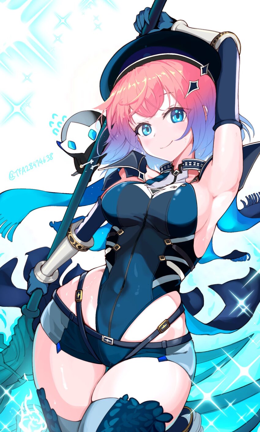 1girl, armpits, beret, black_gloves, black_leotard, blue_eyes, blue_hair, breasts