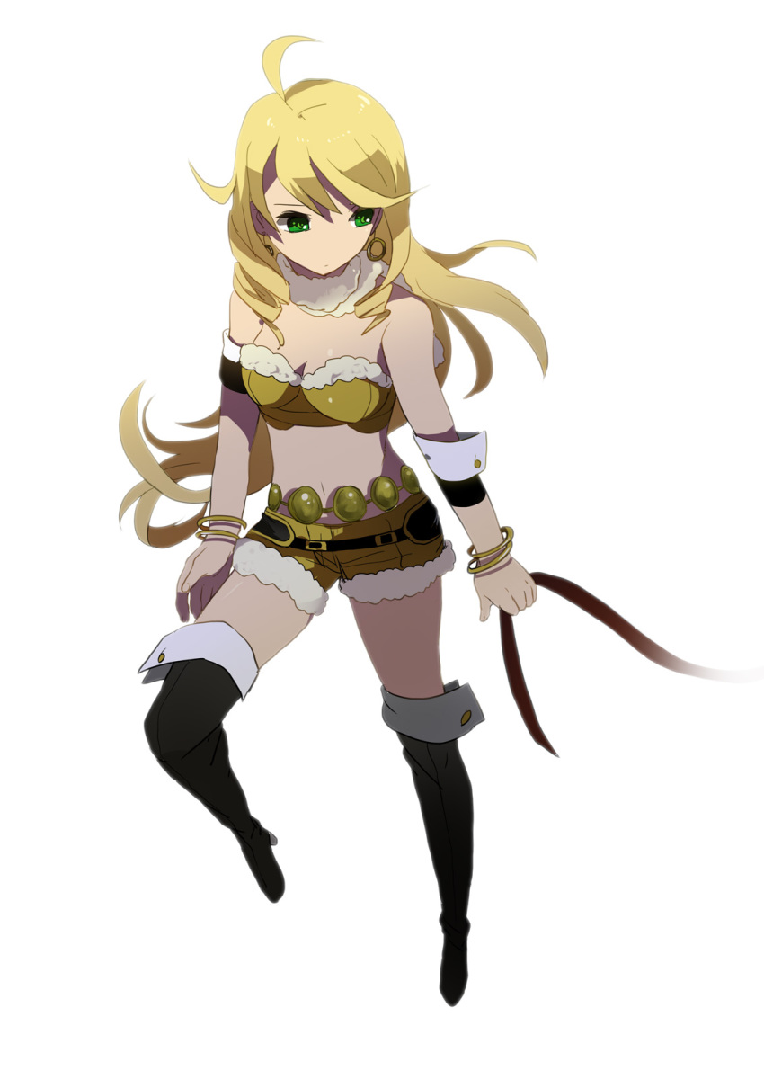 1girl, bad_id, bad_pixiv_id, blonde_hair, boots, bra, female_focus, green_eyes, highres, hoshii_miki, idolmaster, idolmaster_(classic), lingerie, long_hair, shorts, solo, thigh_boots, thighhighs, underwear, yoshi_kichi