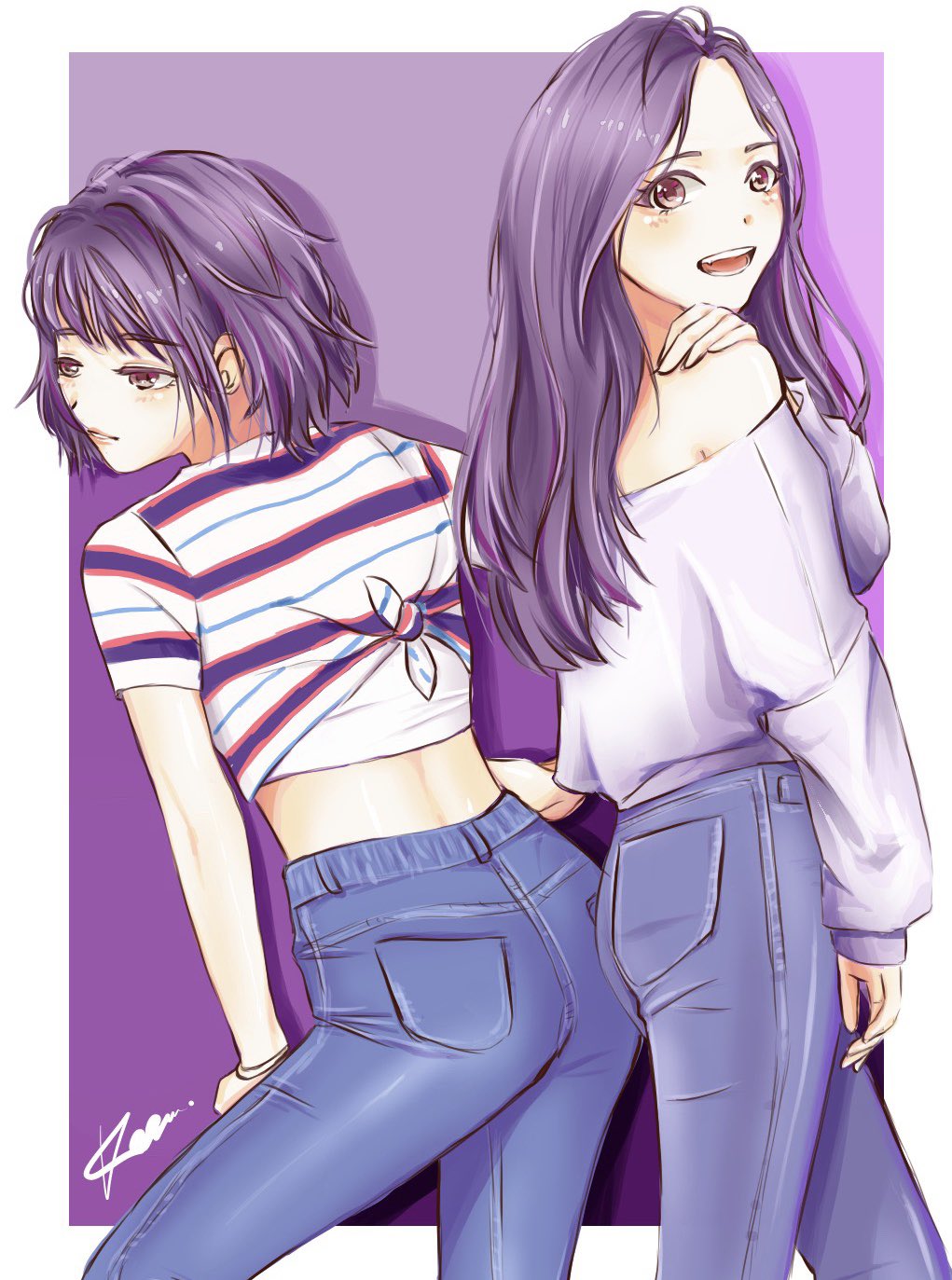 2girls, back, border, commentary, cowboy_shot, crop_top, denim, english_commentary