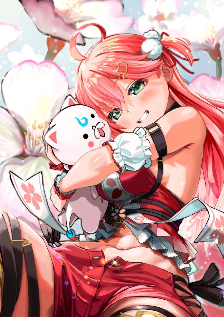 1girl, 35p_(sakura_miko), ahoge, akaharu_yugama, blush, breasts, cherry_blossoms, commentary