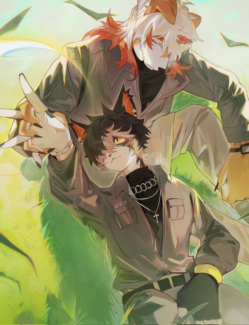 2boys, aak_(arknights), arknights, axianorange, black_gloves, black_shirt, bracelet, claws
