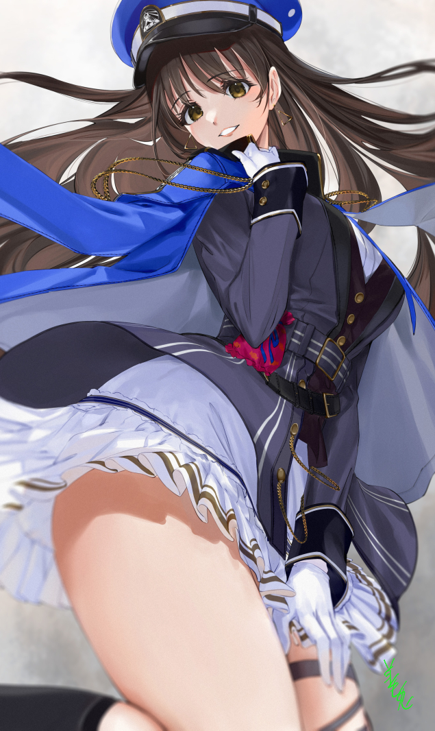 1girl, belt, black_boots, blue_coat, blue_hat, blue_jacket, blue_necktie, boots