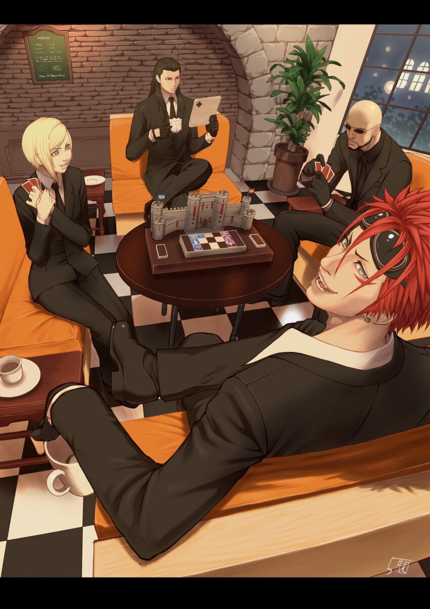 1girl, 3boys, 5tatsu, bald, black_border, black_footwear, black_gloves, black_hair, black_jacket, black_necktie, black_pants, black_shirt, black_suit, blonde_hair, border, breasts, card, castle, chair, checkered_floor, collared_shirt, crossed_legs, cup, dress_shoes, earrings, elena_(ff7), facial_hair, facial_mark, final_fantasy, final_fantasy_vii, final_fantasy_vii_rebirth, final_fantasy_vii_remake, fingerless_gloves, formal_clothes, gloves, goatee, goggles, goggles_on_head, hair_over_shoulder, hair_pulled_back, highres, holding, holding_card, holding_cup, indoors, jacket, jewelry, letterboxed, long_hair, looking_at_another, looking_at_viewer, medium_breasts, multiple_boys, necktie, open_mouth, pants, parted_lips, plant, playing_card, potted_plant, queen's_blood, red_hair, reno_(ff7), rude_(ff7), saucer, shirt, short_hair, sidelocks, single_earring, sitting, smile, suit, suit_jacket, sunglasses, swept_bangs, table, tseng, white_shirt, window