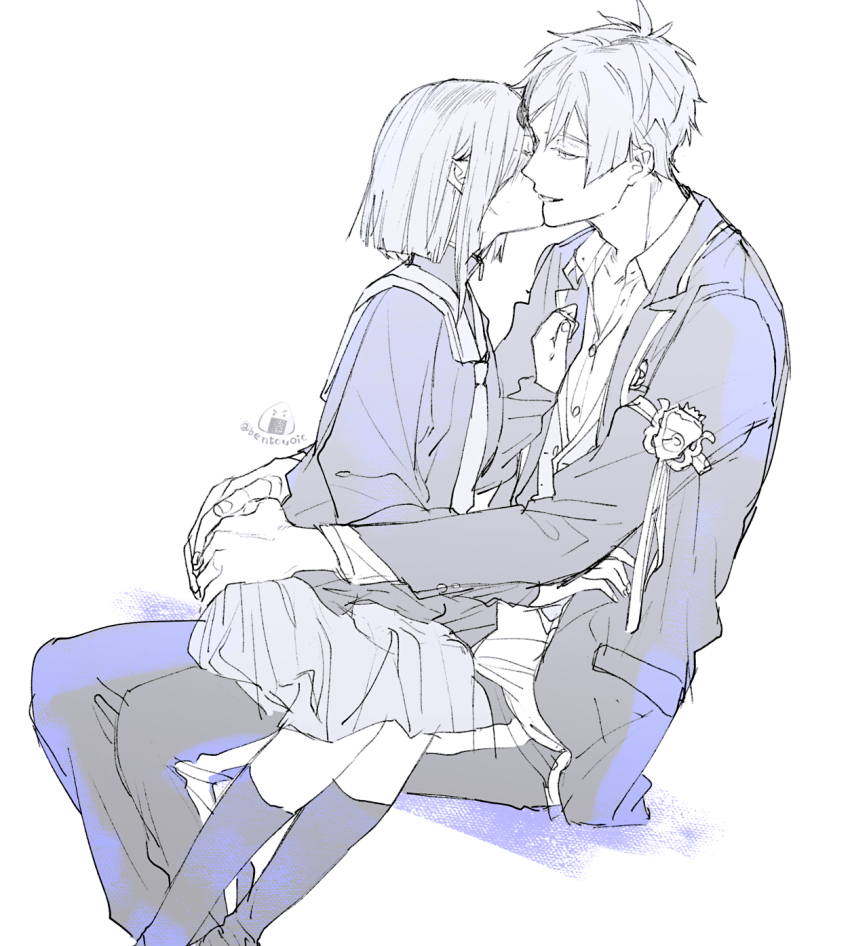 1boy, 1girl, bentouoic, commentary_request, feet_out_of_frame, floyd_leech, hetero, highres, kiss, looking_at_another, night_raven_college_school_uniform, school_uniform, short_hair, simple_background, sitting, sitting_on_lap, sitting_on_person, skirt, twisted_wonderland, white_background, yuu_(twisted_wonderland)