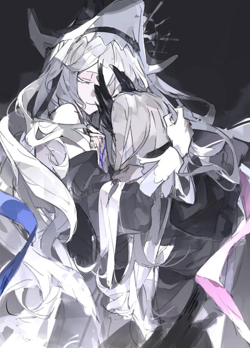 arknights, blood, blood_on_hands, blue_blood, blue_ribbon, colored_eyelashes, commentary, grey_background