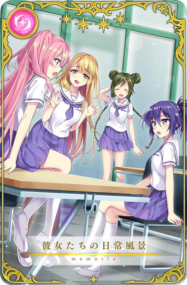 4girls, ^_^, akanegasaki_middle_school_uniform, arm_behind_back, bare_arms, blonde_hair, blue_eyes, blue_hair