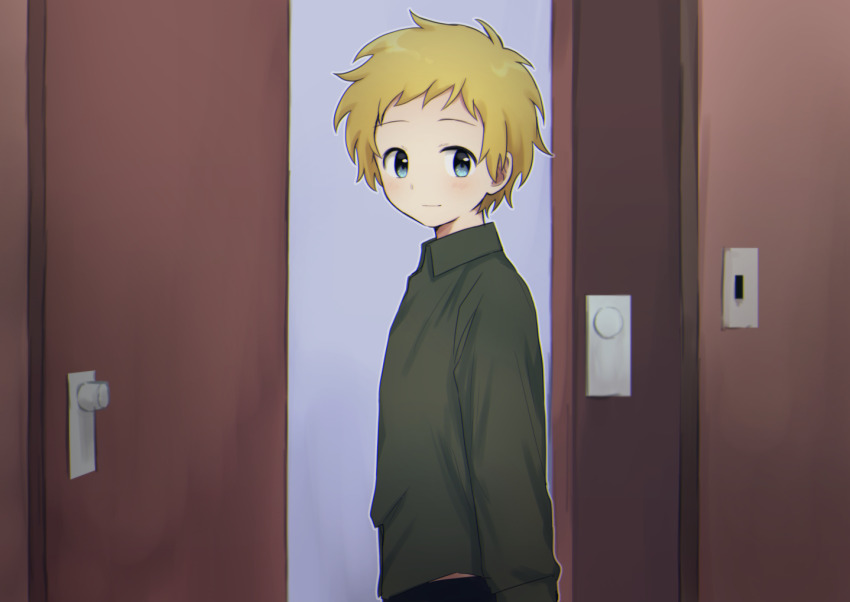1boy, animification, blonde_hair, blue_eyes, blue_hair, collared_shirt, commentary_request, door