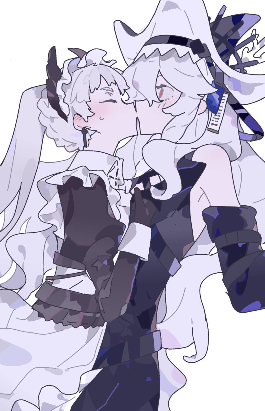 2girls, apron, arknights, black_dress, black_hat, blush, clothes_grab, clothing_cutout, dress, frilled_headwear, gloves, hashtag-only_commentary, hat, head_wings, highres, irene_(arknights), irene_(voyage_of_feathers)_(arknights), juliet_sleeves, kiss, long_hair, long_sleeves, maid, maid_apron, maid_headdress, multiple_girls, official_alternate_costume, paopp9961, pointy_hat, ponytail, puffy_sleeves, red_eyes, shoulder_cutout, specter_(arknights), specter_the_unchained_(arknights), sword_earrings, very_long_hair, white_apron, white_dress, white_headdress, wide-eyed, wings, yuri