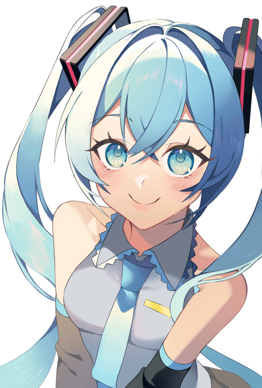 1girl, blue_eyes, blue_hair, collared_shirt, commentary_request, detached_sleeves, hair_ornament, hatsune_miku